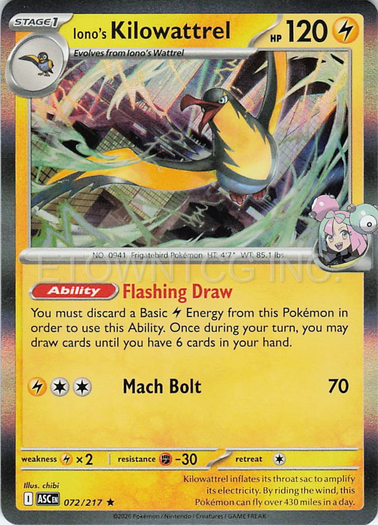 IONO'S KILOWATTREL 072/217 R ASCENDED HEROES POKEMON HOLO NM